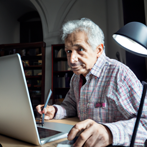 גבר מבוגר לומד כיצד להשתמש בטכנולוגיה חדשה במחשב הנייד שלו